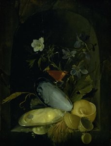 Nature morte avec coquilles et anémones bleues