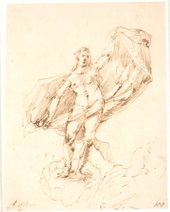 Femme déployant un drapé derrière elle avec un grand geste. En bas à droite, esquisse de deux ignudi - Frantz Cleyn