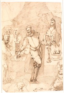 Homme debout en costume du 16e siècle, dans une pièce, entre deux tables avec des sculptures et une horloge, des pièces de monnaie, etc., ainsi que sept-huit autres personnes - Frantz Cleyn