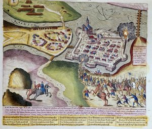 La capture de Raab par Adolf Schwarzenberg le 28/03/1598. 1653 Gravure de Franz Hogenberg (1535-1590) Cabinet des Estampes, B.N, Paris. - Franz (after) Hogenberg