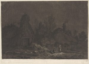 Scène au clair de lune avec des personnages devant une cabane