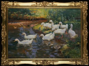 Famille de canards (Canards avec canetons au bord du ruisseau)