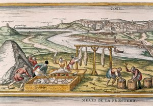 Conil de la Frontera, les pêcheurs sèchent le poisson, le coupent, le vendent et le mettent en barils pour la vente, de "Civitatis Orbis Terrarum" - Franz Hogenberg