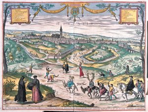 Séville, Espagne. Avec une scène de punition : une entremetteuse ou une adultère, a été enduite de miel et est envahie par les abeilles. Le cocu suit derrière, portant des bois et une chaîne de cloches. La procession est accompagnée de magistrats (gravure)