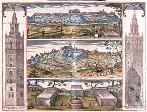 La Giralda de Séville, Espagne - 5 vues : San Juan sur Guadalquivir, Gerena, 3 tombes romaines et tours sur le côté, une coupe montrant George Hufnagel montant à cheval - Franz Hogenberg