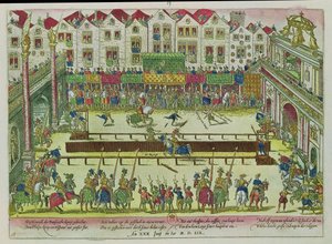 Tournoi pendant lequel Henri II (1519-59) a été blessé par le comte de Montgomery et est mort dix jours plus tard, 30 juin 1559 - Franz Hogenberg