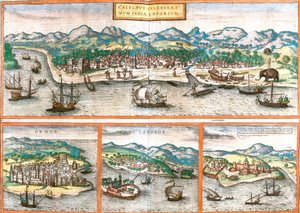 Vues de Kozhikode ou Calicut (Inde), Ormuz (Iran), Cannanore ou Kannur (Inde) et St. George de la mine ou Elmina (Ghana) - Franz Hogenberg