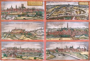 Vues de Munich (Monacum), Ingolstadt (Ingolstadium), Freising (Frisingensis), Nordlingen (Nordlinga), Ratisbonne (Ratispona) et Straubing (Stravbinga), Allemagne - Franz Hogenberg