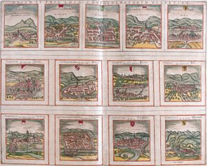 Vues des principales villes de la Confédération suisse : Schwytz (Svicia), Zoug (Tugium), Glaris (Glarona), Bâle (Basilea), Zurich (Tugurum), Berne (Ursina), Lucerne (Lucerna), Uri (Ursella), Fribourg (Frigurgum), Soleure (Soloturensis), Schaffhouse (Schap - Franz Hogenberg