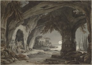Paysage idéal avec grotte rocheuse, tombes et ruines au clair de lune, vers 1790 - Franz Innocenz Josef Kobell