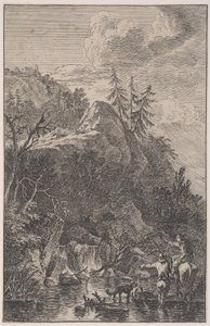Planche 5 : figure féminine à cheval et figure masculine avec un chien debout dans une rue, vers 1700-1725 - Franz Joachim Beich