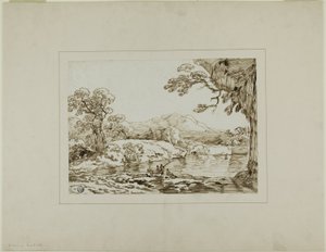 Paysage avec rivière, collines lointaines et personnages pêchant au premier plan - Franz Kobell