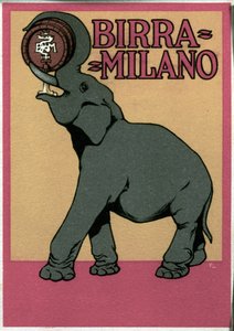 Affiche publicitaire pour la bière Milano illustrée par Franz Laskoff (1869-1921) représentant un éléphant buvant avec sa trompe directement du tonneau. XXe siècle