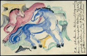 "Cheval rouge et bleu", Franz Marc de Sindelsdorf à Wassily Kandinsky à Munich: Carte postale, cachet postal 05.04.1913