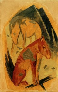 Deux chevaux devant une montagne bleue - Franz Marc