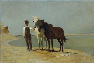 Un garçon avec des chevaux sur la plage - Franz Rumpler