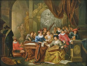 Fête musicale dans un intérieur palatial avec statues et œuvres d