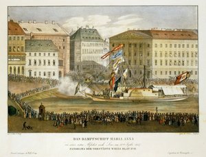 Le bateau à vapeur Maria Anna, départ pour Linz 12 ... (litho)