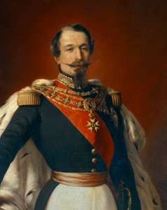 Portrait de Napoléon III (1808-1873), empereur des Français devant une vue du château de Saint-Cloud. Détail de la peinture de Franz Xaver Winterhalter (1855)