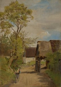 Rue de village à Aresing (?) avec une figure féminine