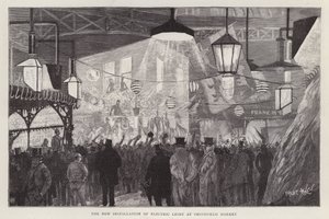 Nouvelle installation de lumière électrique au marché de Smithfield, Londres