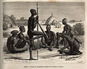 Dinkas du village de Koudj (Sénégal), dont le corps couvert de cendres, pour les protéger des insectes et parasites, est aussi une caractéristique cosmétique et sociale. Gravure d