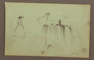 Une fille marchant, un poulet accroupi et les chutes américaines sur la rivière Niagara - Frederic Edwin Church