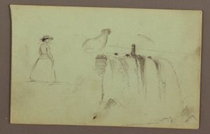 Dessin, Une jeune fille qui marche, un poulet accroupi et les chutes américaines sur la rivière Niagara, peut-être 1856 - Frederic Edwin Church