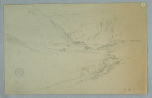 Dessin, vallée de montagne andine avec ruisseau sinueux, Colombie ou Équateur, 1857