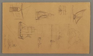 Dessin, études de bateaux, étude de nuages, deux bâtiments, peut-être 1868