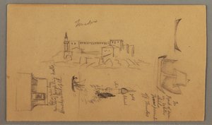 Dessin, château, minaret, voiliers, maison, mai 1868