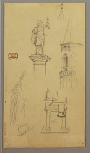 Dessin, église, bâtiment, pont couvert, peut-être 1868-69