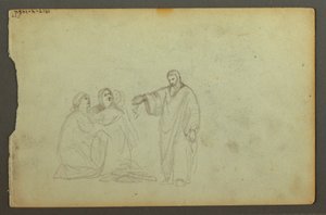 Dessin, chariot couvert, trois études de femme, peut-être 1868