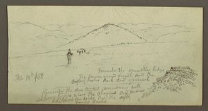 Dessin, tas de pierres, plaine et montagnes, Soleil, 19 février 1868 - Frederic Edwin Church