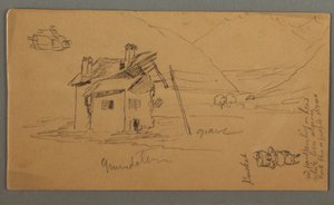 Dessin, Maison Hlaf-Ruinée dans la vallée, deux figures, 1868 - Frederic Edwin Church