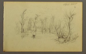 Dessin, étang Htakie ( ), deux personnes dans un canoë, 1845