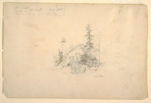 Dessin, cabane en rondins entourée d