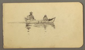 Dessin, homme et femmes dans un canoë, peut-être 1878