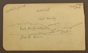 Dessin, paysage de montagne ; verso : inscriptions, 1885
