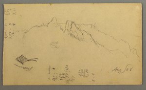 Dessin, pics montagneux, sanctuaire au bord de la route, août 1868 - Frederic Edwin Church