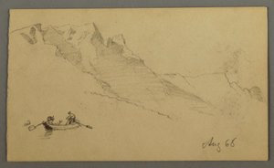 Dessin, Pics montagneux, deux personnages dans une barque, août 1868 - Frederic Edwin Church
