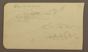 Dessin, chaînes de montagnes, Cuautla, église ; verso : cheval accroupi, notes sur le paysage, février 1885 - Frederic Edwin Church