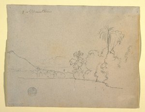 Dessin, rive montagneuse d