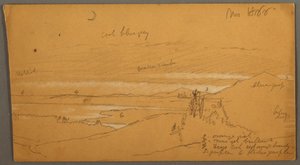 Dessin, rivière dans une vallée montagneuse avec ciel et croissant de lune, novembre 1866 - Frederic Edwin Church