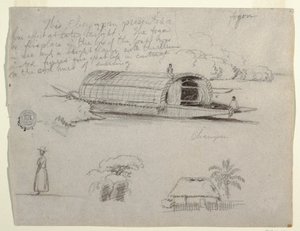 Croquis de Colombie - Bateau fluvial (Champan), une femme, groupe d