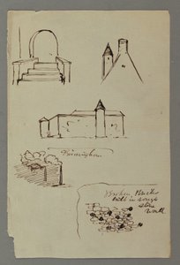 Dessin, escalier, toit avec tour, mur en pierre, peut-être 1869 - Frederic Edwin Church