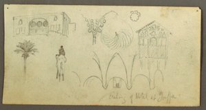 Dessin, maison seigneuriale, personnage montant un chameau, études architecturales, palmier, peut-être 1868 - Frederic Edwin Church
