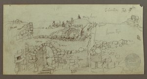 Dessin, bâtiment en pierre, hommes rassemblés sur le toit, 17 février, peut-être 1868