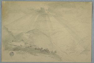 Dessin, soleil perçant les nuages au-dessus d