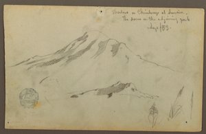 Dessin, lever de soleil sur le mont Chimborazo et trois détails de l